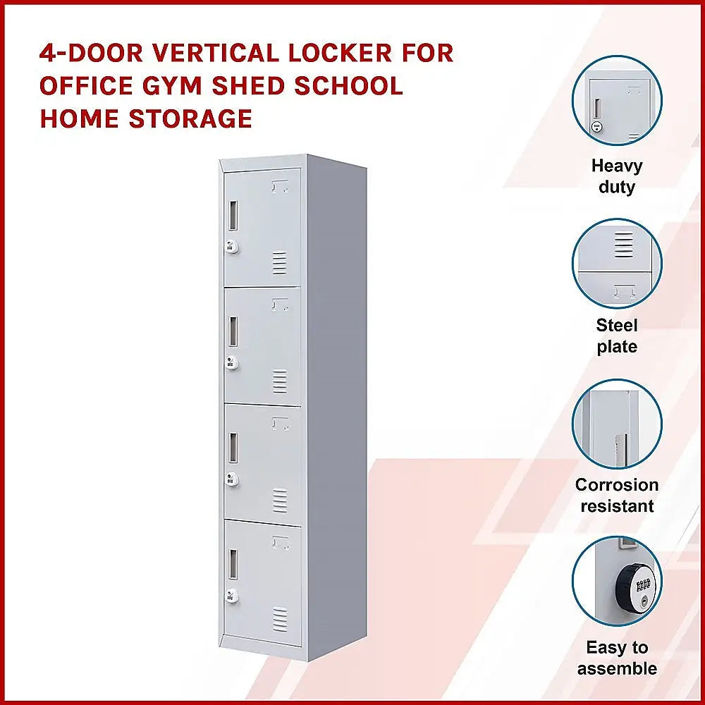 4-Door Vertical Locker for Office Gym Shed School Home Storage - Furniture > Office