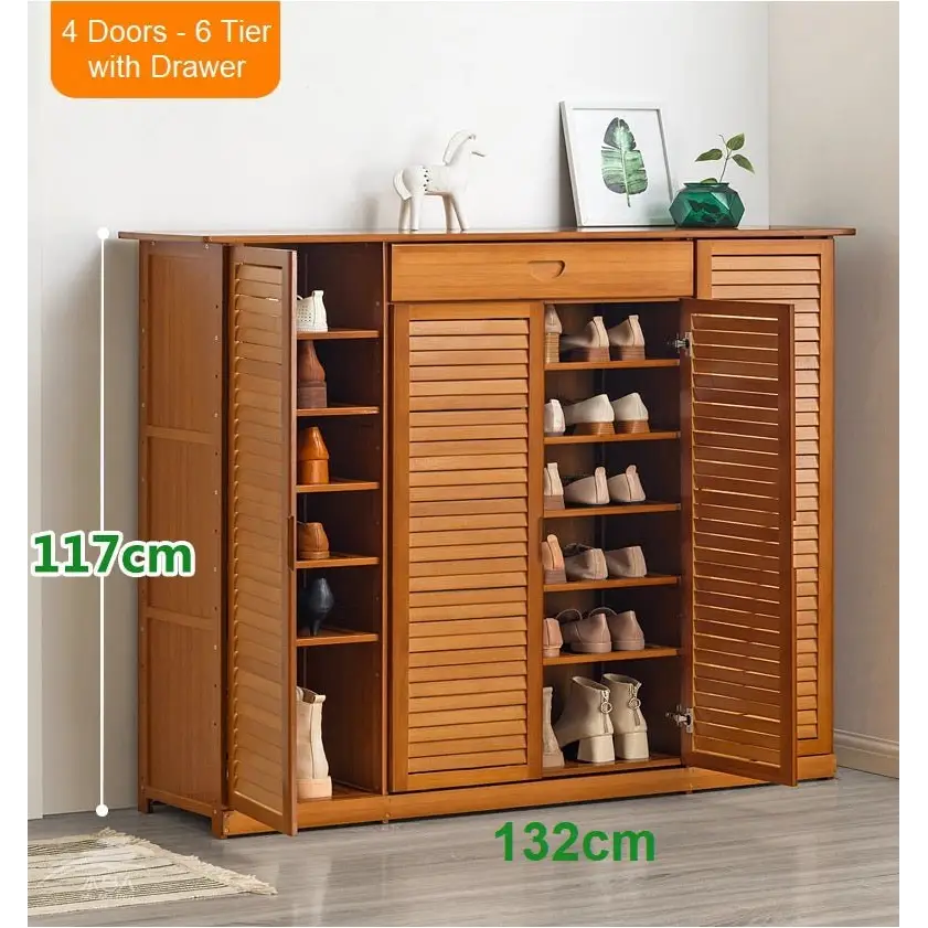 4 Doors 6 Tier with Drawer Bamboo Large Capacity Storage Hallway Shelf Shoe Rack Cabinet - Home & Garden > Storage