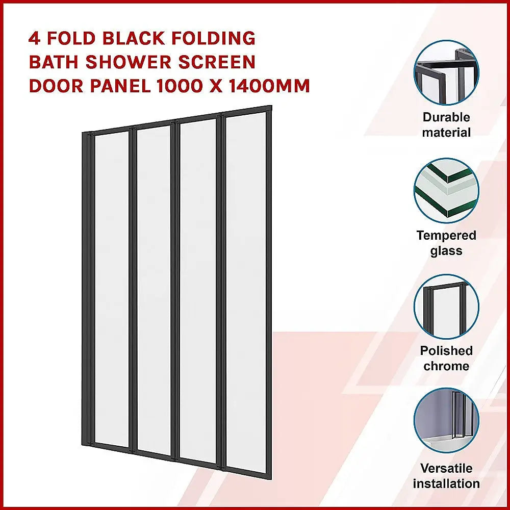 4 Fold Black Folding Bath Shower Screen Door Panel 1000 x 1400mm - Furniture > Bathroom > Shower Heads & Screens