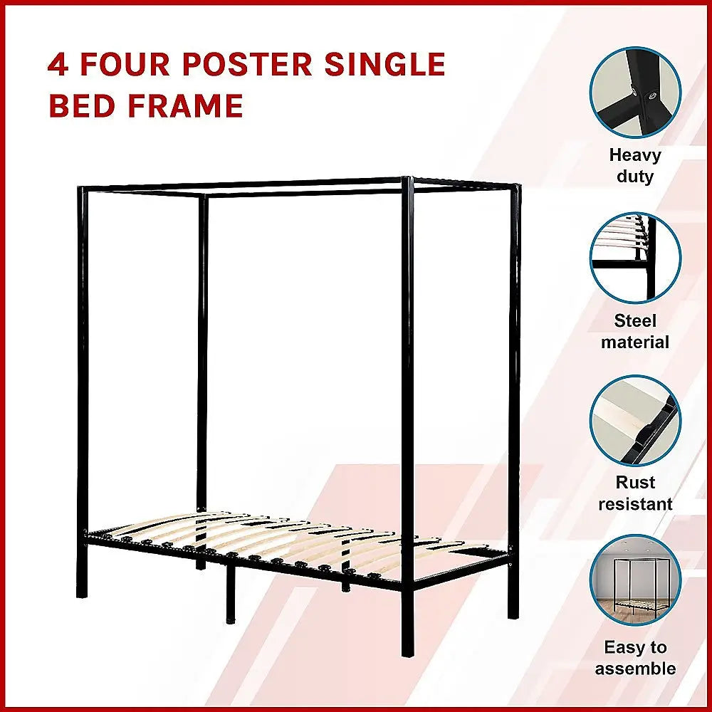 4 Four Poster Single Bed Frame - Furniture > Bedroom