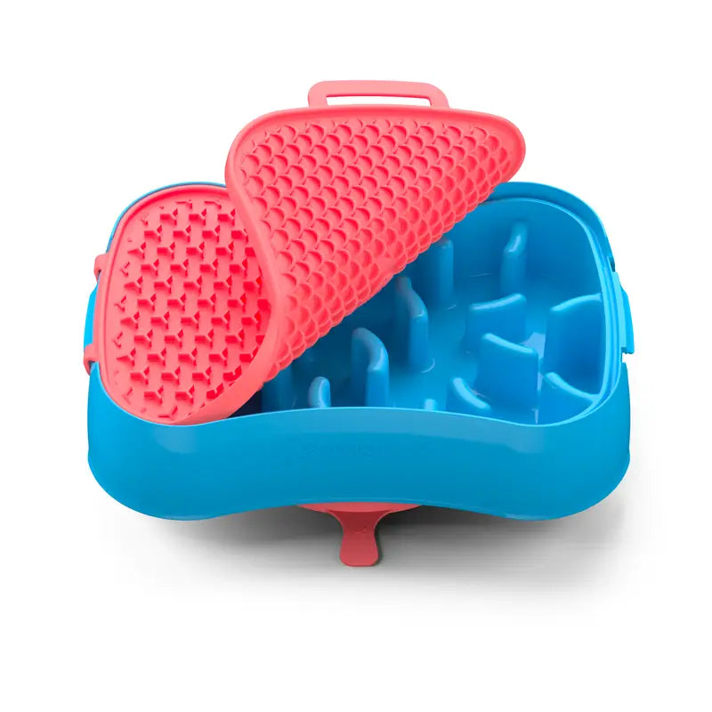 4-in-1 Slow Feeder Dog Bowl - Blue Bowl and Warm Ocean Red Lickmat - Pet Care > Dog Supplies > Dog Bowls Feeders &