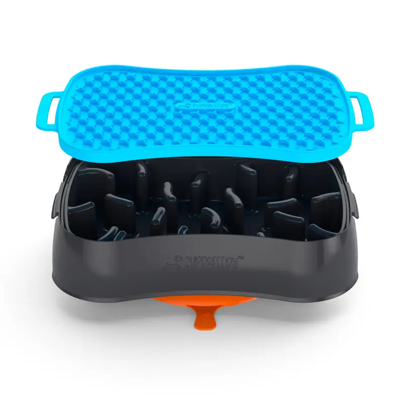 4-in-1 Slow Feeder Dog Bowl - Dark Grey Bowl with Blue Lickmat - Pet Care > Dog Supplies > Dog Bowls Feeders & Waterers