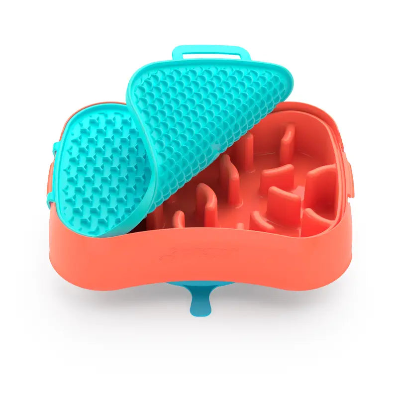 4-in-1 Slow Feeder Dog Bowl - Warm Ocean Red Bowl with Teal Lickmat - Pet Care > Dog Supplies > Dog Bowls Feeders &