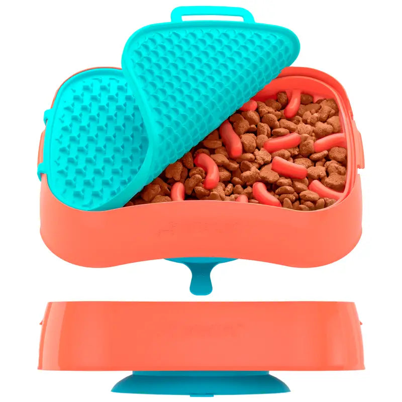 4-in-1 Slow Feeder Dog Bowl - Warm Ocean Red Bowl with Teal Lickmat - Pet Care > Dog Supplies > Dog Bowls Feeders &