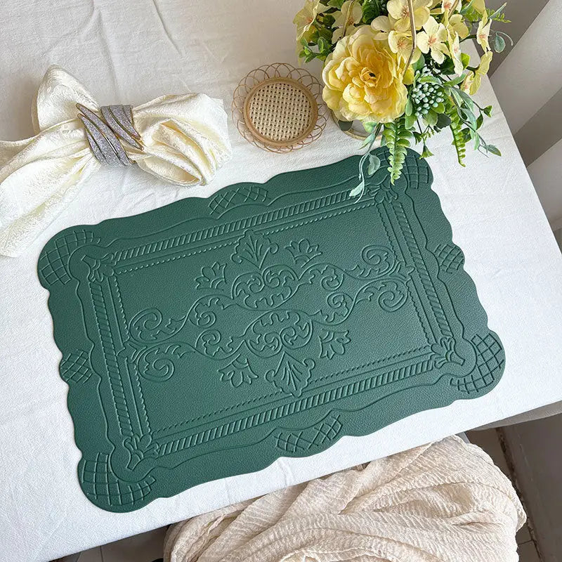 4 pcs Decorative Faux Leather Placemats - Unique Shape Beautiful Packaging (Dark green) - Home & Garden > Kitchenware >