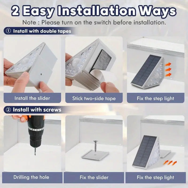 4 Pcs White Bright 14-LED Solar Powered Step Lights - Automatic Outdoor Waterproof Illumination for Stairs Deck Pathway