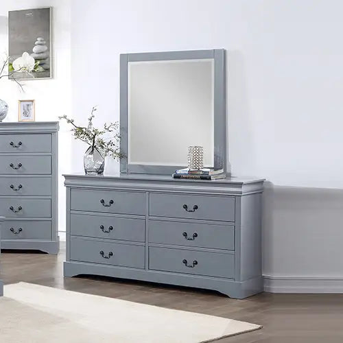 4 Pieces Bedroom Suite in Solid Wood & MDF Queen Size Grey Colour Bed Bedside Table & Dresser - Furniture > Bedroom >