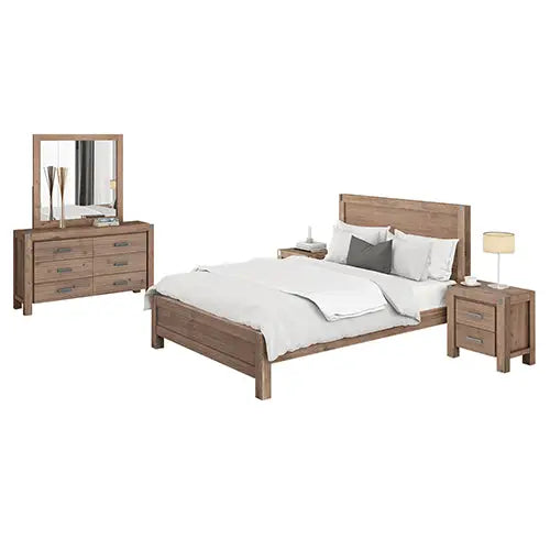 4 Pieces Bedroom Suite in Solid Wood Veneered Acacia Construction Timber Slat King Size Oak Colour Bed Bedside Table &