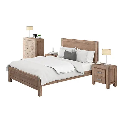 4 Pieces Bedroom Suite in Solid Wood Veneered Acacia Construction Timber Slat Queen Size Oak Colour Bed Bedside Table &