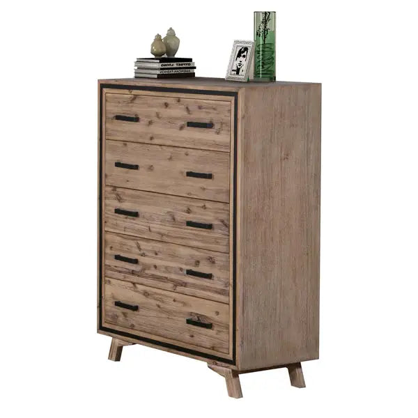 4 Pieces Bedroom Suite King Size Silver Brush in Acacia Wood Construction Bed Bedside Table & Tallboy - Furniture >