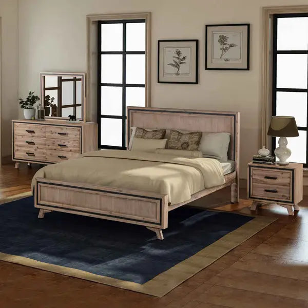 4 Pieces Bedroom Suite King Size Silver Brush in Acacia Wood Construction Bed Bedside Table & Dresser - Furniture >