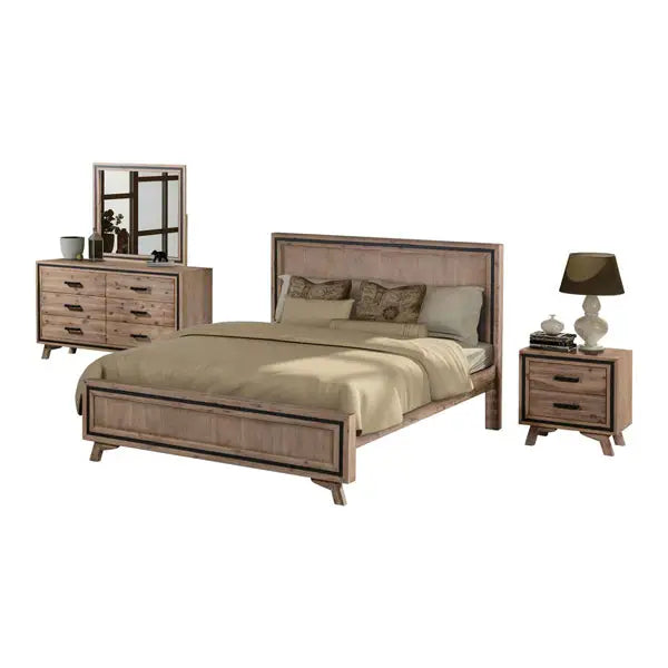 4 Pieces Bedroom Suite King Size Silver Brush in Acacia Wood Construction Bed Bedside Table & Dresser - Furniture >