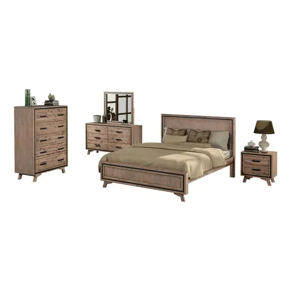 4 Pieces Bedroom Suite King Size Silver Brush in Acacia Wood Construction Bed Bedside Table & Tallboy - Furniture >