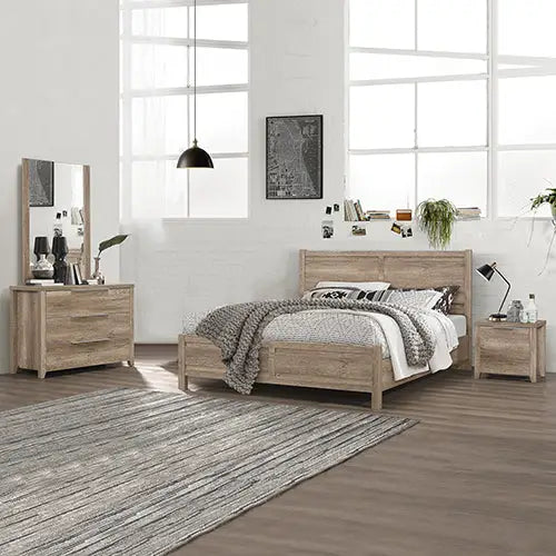 4 Pieces Bedroom Suite Natural Wood Like MDF Structure Double Size Oak Colour Bed Bedside Table & Dresser - Furniture >