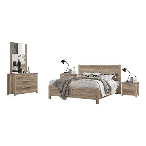 4 Pieces Bedroom Suite Natural Wood Like MDF Structure Double Size Oak Colour Bed Bedside Table & Dresser - Furniture >