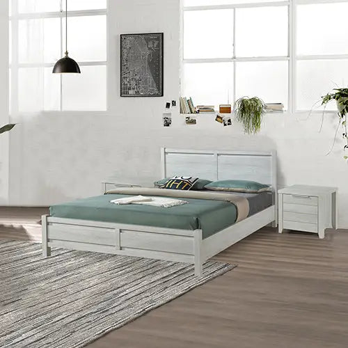 4 Pieces Bedroom Suite Natural Wood Like MDF Structure Queen Size White Ash Colour Bed Bedside Table & Tallboy