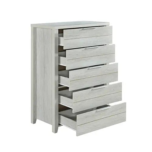 4 Pieces Bedroom Suite Natural Wood Like MDF Structure Queen Size White Ash Colour Bed Bedside Table & Tallboy