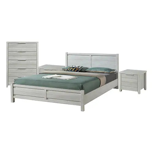4 Pieces Bedroom Suite Natural Wood Like MDF Structure Queen Size White Ash Colour Bed Bedside Table & Tallboy