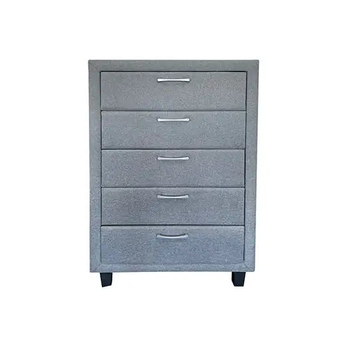 4 Pieces Storage Bedroom Suite Upholstery Fabric in Light Grey with Base Drawers King Size Oak Colour Bed Bedside Table
