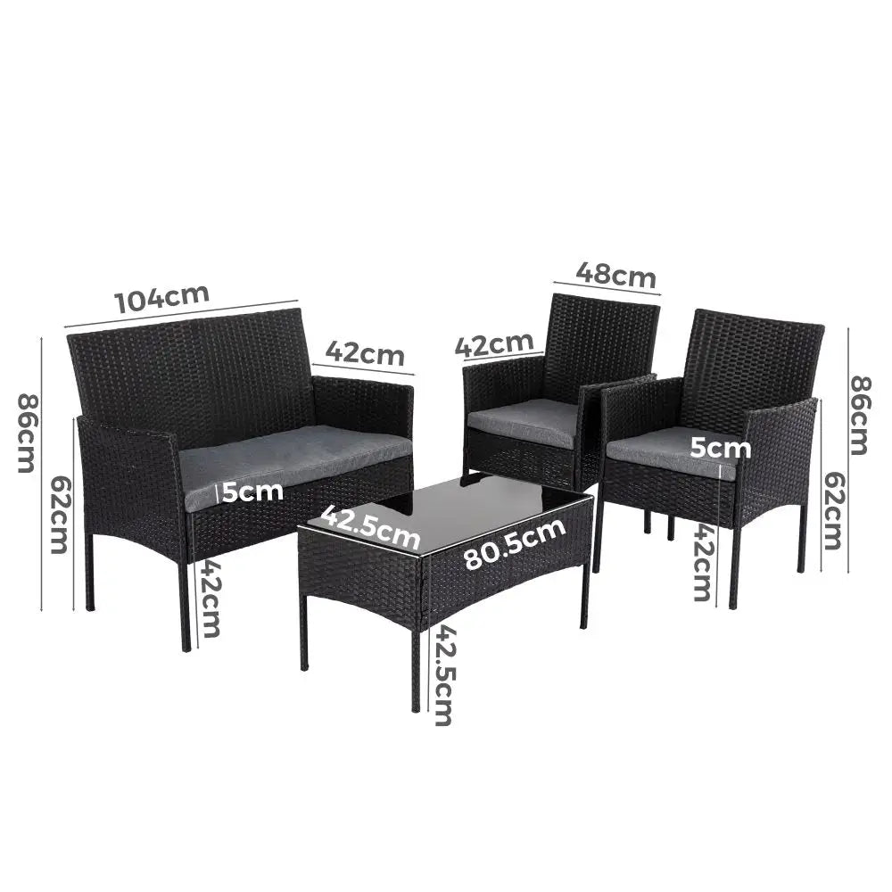 4 Seater Wicker Outdoor Lounge Set - Black - Furniture > Outdoor