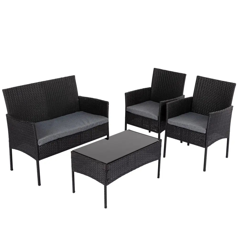 4 Seater Wicker Outdoor Lounge Set - Black - Furniture > Outdoor