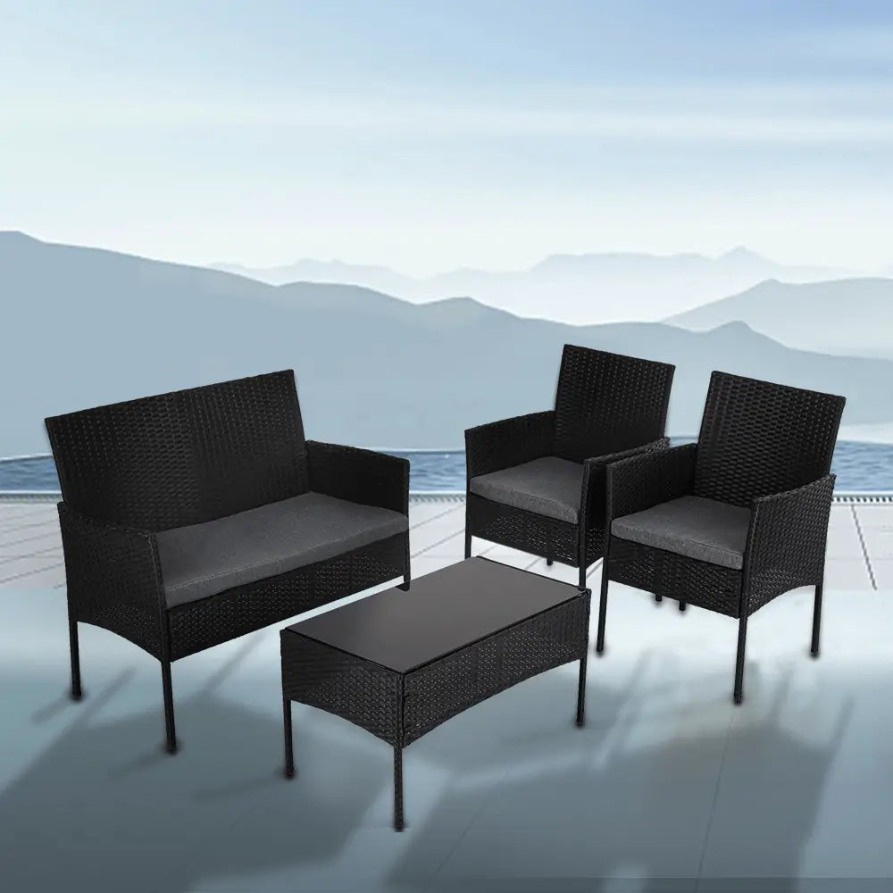 4 Seater Wicker Outdoor Lounge Set - Black - Furniture > Outdoor