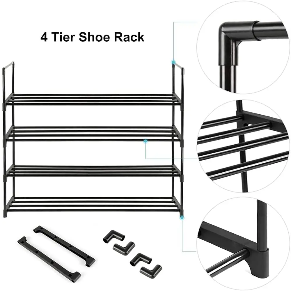 4-Tier Stainless Steel Shoe Rack Storage Organizer to Hold up to 20 Pairs of Shoes (80cm Black) - Furniture > Living