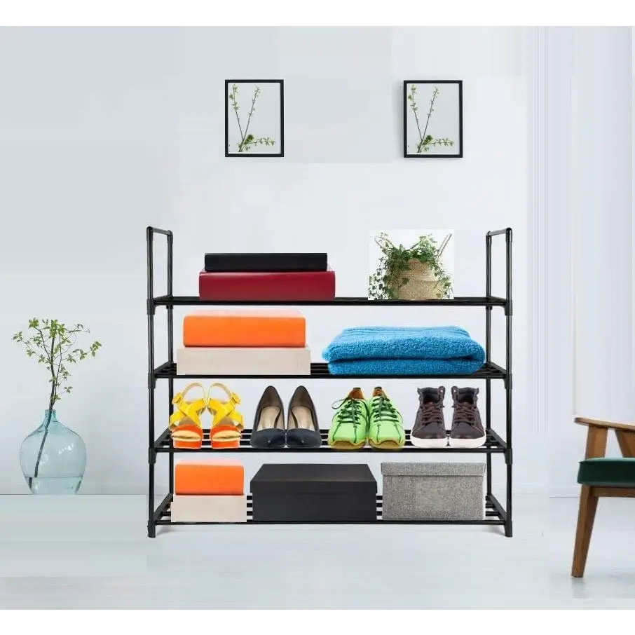 4-Tier Stainless Steel Shoe Rack Storage Organizer to Hold up to 20 Pairs of Shoes (80cm Black) - Furniture > Living