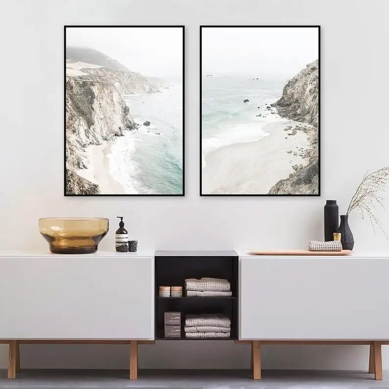 40cmx60cm Mountain Beach 2 Sets Black Frame Canvas Wall Art - Home & Garden > Wall Art