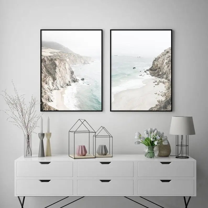 40cmx60cm Mountain Beach 2 Sets Black Frame Canvas Wall Art - Home & Garden > Wall Art