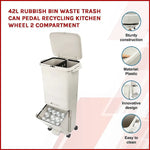 42L Rubbish Bin Waste Trash Can Pedal Recycling Kitchen Wheel 2 Compartment - Home & Garden > Kitchenware