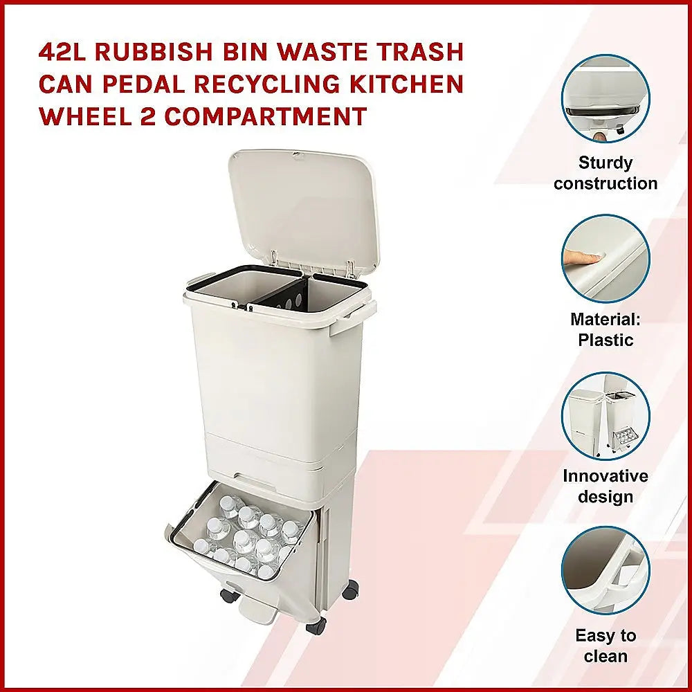 42L Rubbish Bin Waste Trash Can Pedal Recycling Kitchen Wheel 2 Compartment - Home & Garden > Kitchenware