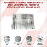 430x455mm Handmade 1.5mm Stainless Steel Undermount / Topmount Kitchen Sink with Square Waste - Furniture > Bathroom >