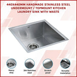 440x440mm Handmade Stainless Steel Undermount / Topmount Kitchen Laundry Sink with Waste - Furniture > Bathroom > Sinks