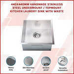 440x440mm Handmade Stainless Steel Undermount / Topmount Kitchen Laundry Sink with Waste - Furniture > Bathroom > Sinks