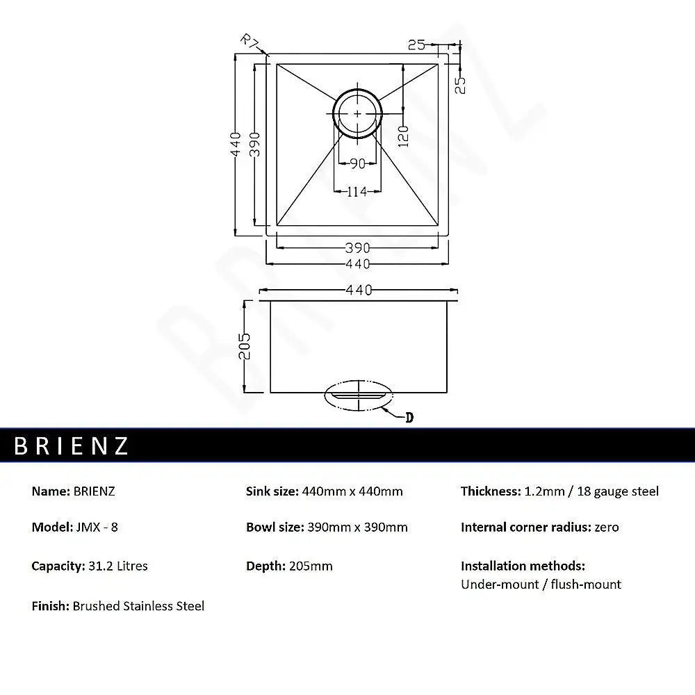 440x440mm Handmade Stainless Steel Undermount / Topmount Kitchen Laundry Sink with Waste - Furniture > Bathroom > Sinks