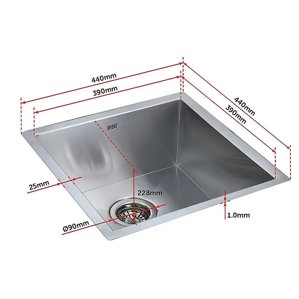 440x440mm Handmade Stainless Steel Undermount / Topmount Kitchen Laundry Sink with Waste - Furniture > Bathroom > Sinks