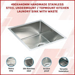 490x440mm Handmade Stainless Steel Undermount / Topmount Kitchen Laundry Sink with Waste - Furniture > Bathroom > Sinks