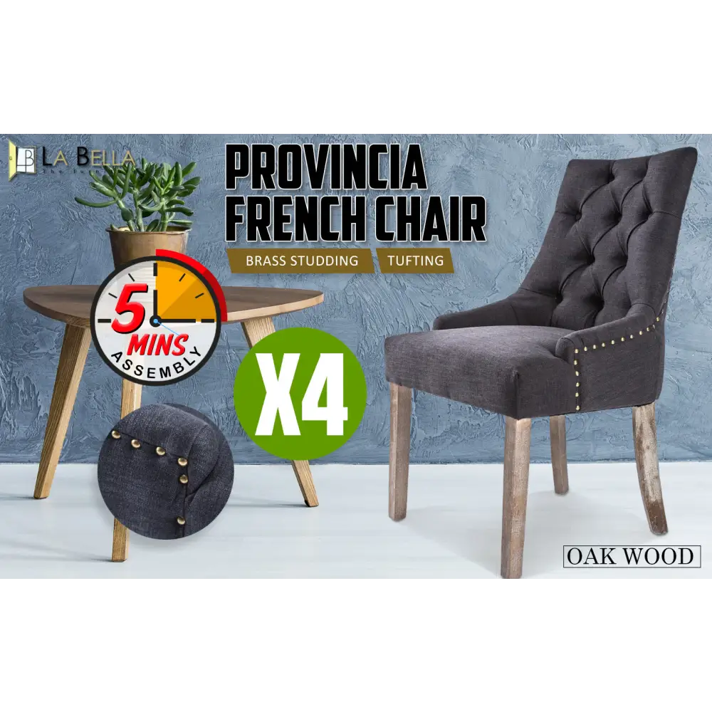 4X French Provincial Dining Chair Oak Leg AMOUR BLACK - Furniture > Bar Stools & Chairs
