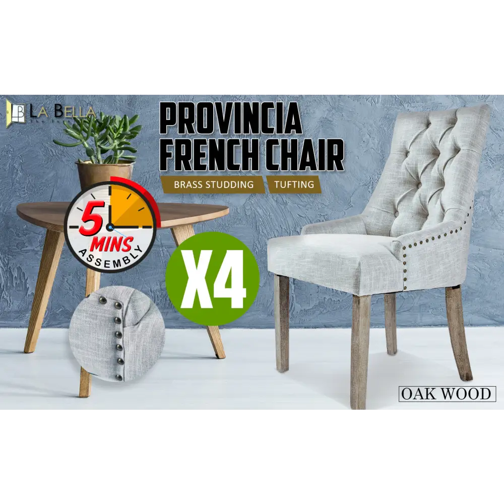 4X French Provincial Dining Chair Oak Leg AMOUR GREY - Furniture > Bar Stools & Chairs