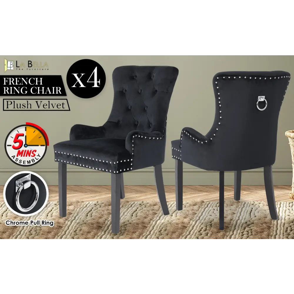 4X French Provincial Dining Chair Ring Studded Velvet Rubberwood Leg LISSE BLACK - Furniture > Bedroom > Bedside Tables