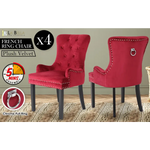 4X French Provincial Dining Chair Ring Studded Velvet Rubberwood Leg LISSE BORDEAUX RED - Furniture > Bar Stools &