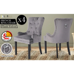 4X French Provincial Dining Chair Ring Studded Velvet Rubberwood Leg LISSE GREY - Furniture > Bedroom > Bedside Tables