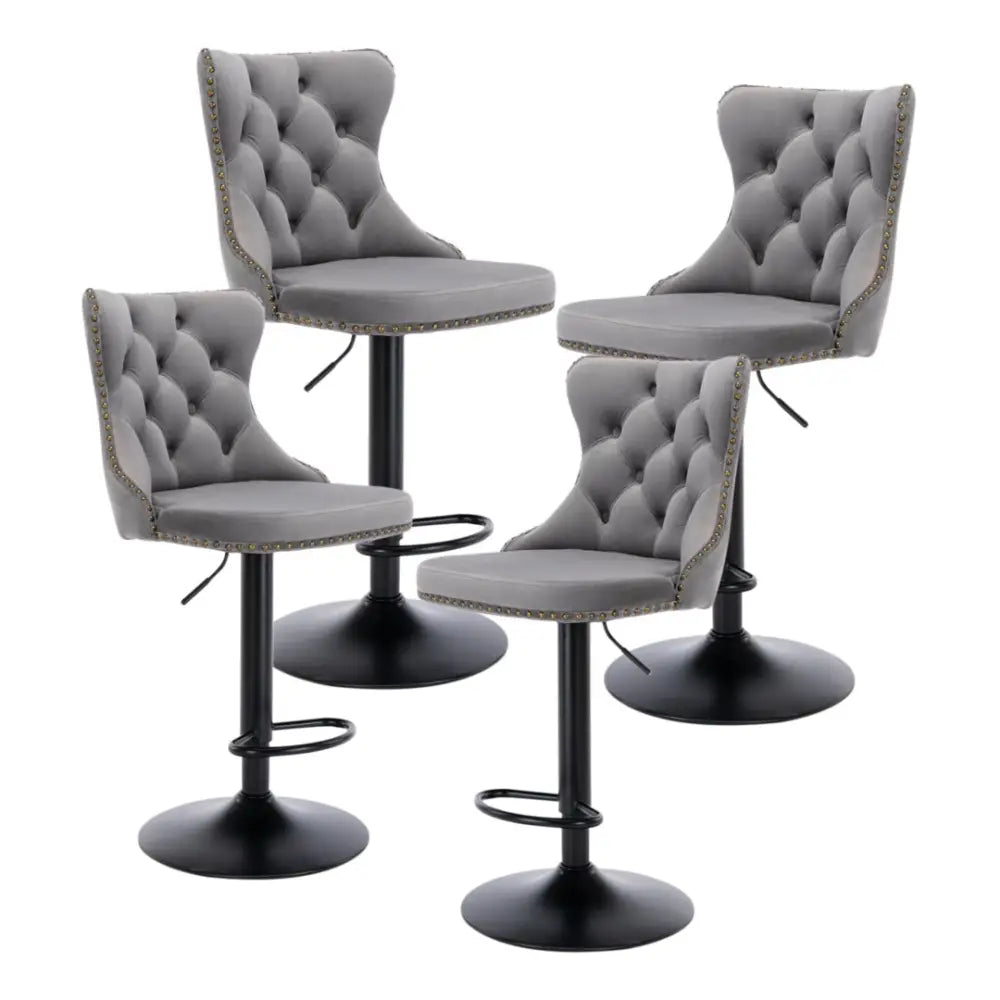 4x Height Adjustable Swivel Bar Stool Velvet Nailhead Barstool with Footrest - Furniture > Bar Stools & Chairs