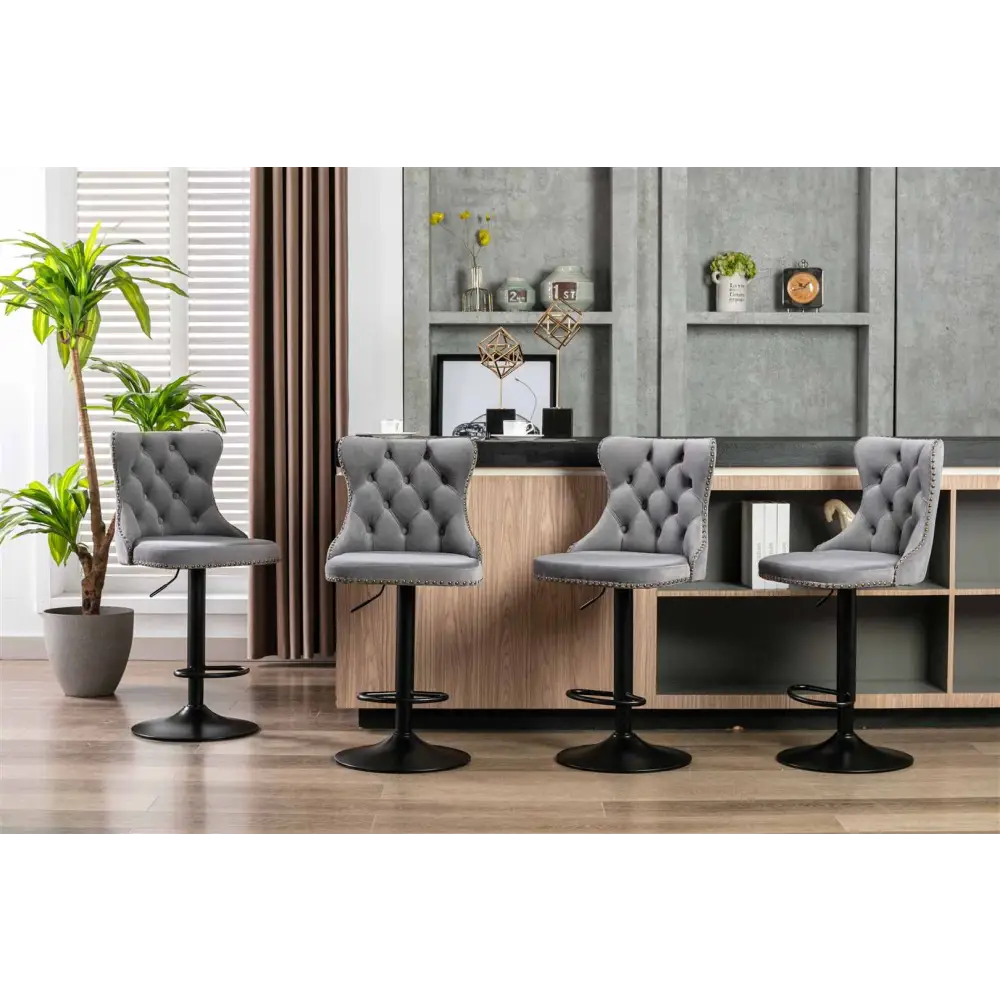 4x Height Adjustable Swivel Bar Stool Velvet Nailhead Barstool with Footrest - Furniture > Bar Stools & Chairs