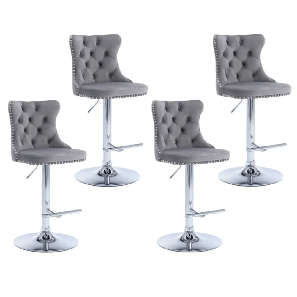 4x Height Adjustable Swivel Bar Stool Velvet Stud Barstool with Footrest and Chromed Base- Gray - Furniture > Bar