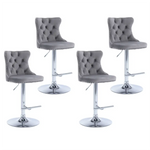 4x Height Adjustable Swivel Bar Stool Velvet Stud Barstool with Footrest and Chromed Base- Gray - Furniture > Bar