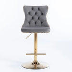 4x Height Adjustable Swivel Bar Stool Velvet Studs Barstool with Footrest and Golden Base- Grey - Furniture > Bar