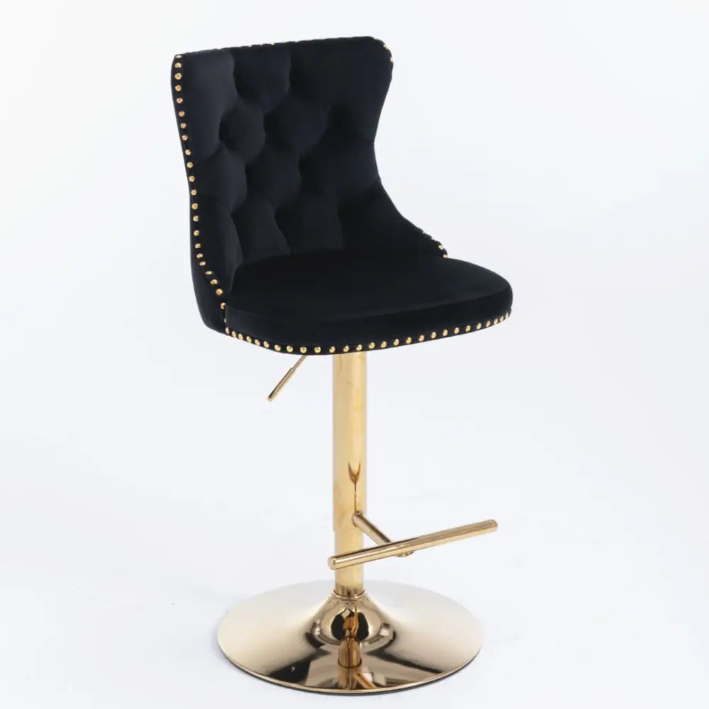 4x Height Adjustable Swivel Bar Stool Velvet Studs Barstool with Footrest and Golden Base- Black - Furniture > Bar