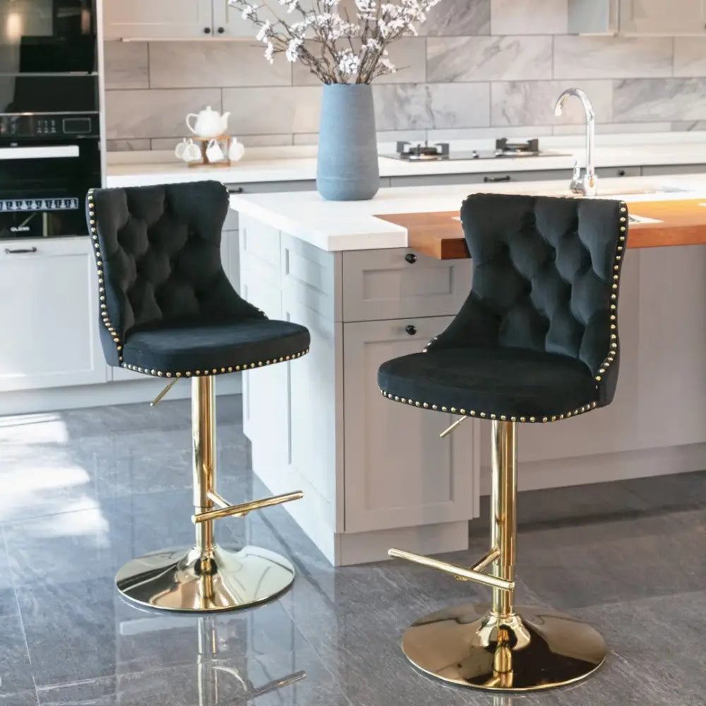 4x Height Adjustable Swivel Bar Stool Velvet Studs Barstool with Footrest and Golden Base- Black - Furniture > Bar
